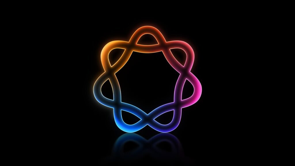 A circular icon with interlocking shapes with glowing orange, purple, and blue edges, set against a black background.