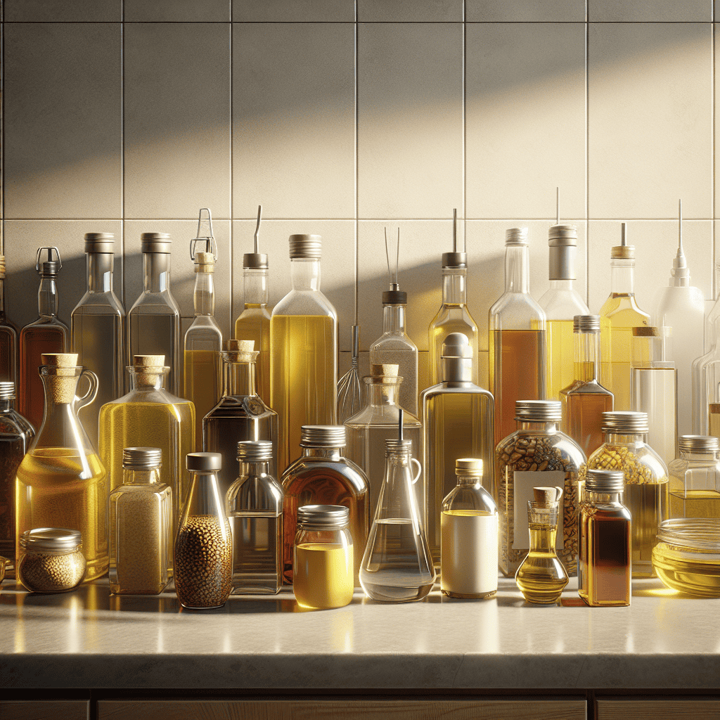 Assortment of different cooking oils on a kitchen counter.